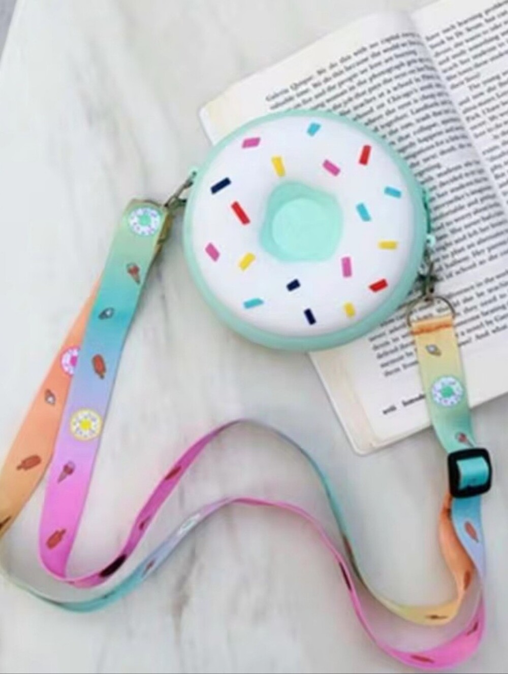 Mint Donut-Shaped Kids Crossbody Bag with Rainbow Strap